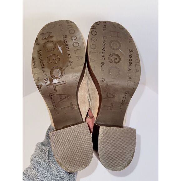 Chocolat Blu Chunky Heels Slip On Platform Mule Suede Leather Beige Wood Y2K 8.5 - Picture 10 of 16